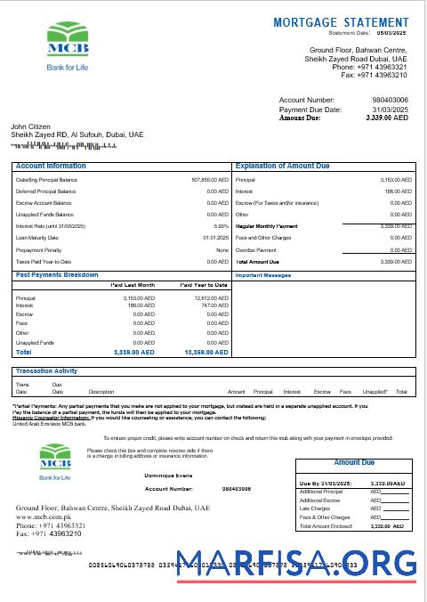 Printable United Arab Emirates MCB bank mortgage statement in Word and PDF formats example
